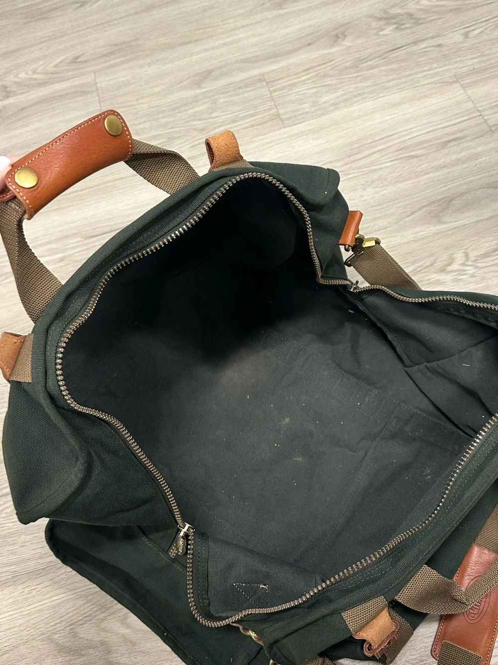 Tumi Dakota Dark Green Canvas Duffel with Tan Straps and Brown Leather Trim